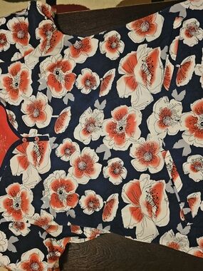 Navy Floral Scrub Top with Coral and Cream Blooms